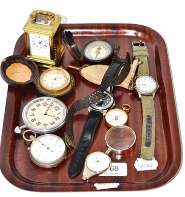 Lot 168 - A small carriage timepiece, Negretti & Zambra, London, cased pocket barometer, two compasses etc