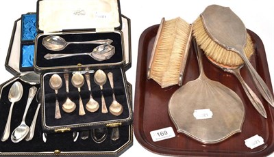 Lot 169 - Silver backed dressing table set, cased set of six silver teaspoons etc