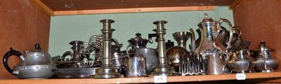 Lot 178 - Quantity of assorted plated wares including tea wares, candlesticks, toast racks, coasters, gallery