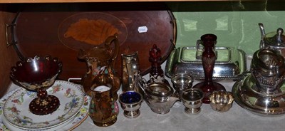 Lot 182 - Mahogany oval inlaid tray, cranberry glass, two lustre jugs, plated wares etc