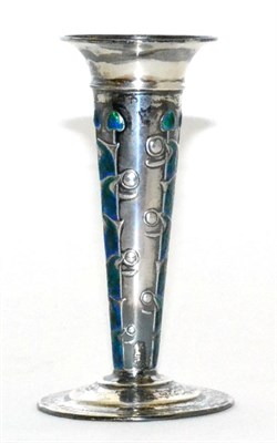 Lot 553 - A Liberty & Co Silver and Enamel Vase, possibly by Archibald Knox, decorated with green and...