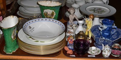 Lot 192 - Two trays of assorted decorative and collectable ceramics, basket shade and a quantity of glass...