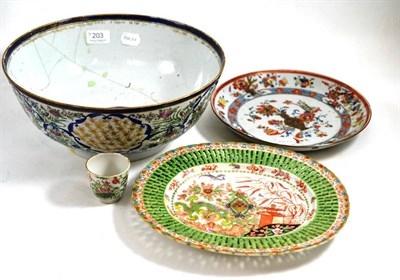 Lot 203 - An 18th century Chinese bowl (a.f.), circular plate, oval dish with pierced decoration and cup (4)