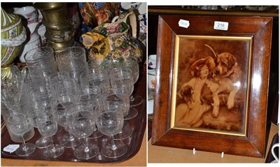 Lot 216 - Framed crystoleum of a young girl and dog, brass vase, pottery jug and Edwardian glassware (two...