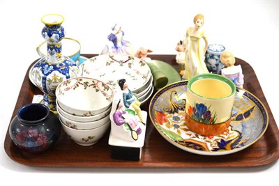 Lot 220 - Tray of decorative ceramics including Clarice Cliff preserve jar, Moorcroft small vase, Newhall...