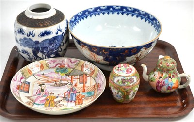 Lot 221 - Late 18th century Chinese bowl, pottery ginger jar, famille rose plate and two other pieces