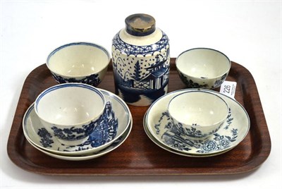 Lot 226 - Two 18th century blue and white teabowls depicting fishermen, two others depicting figures and...