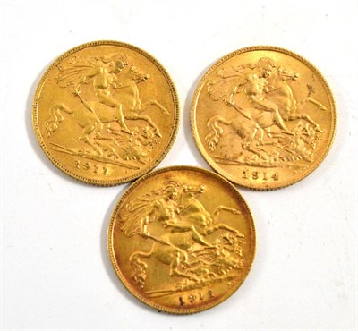 Lot 234 - Three half sovereigns dated 1911, 1914, 1912