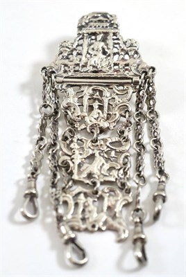 Lot 235 - A white metal chatelaine with pierced chinoiserie scenes