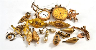 Lot 247 - A lady's 9ct gold wristwatch, three brooches stamped '15CT', '9CT' and '375', lady's fob watch...