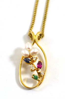 Lot 285 - A ruby, sapphire, emerald, diamond and cultured pearl pendant on chain