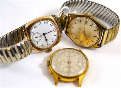 Lot 286 - A gentleman's chronograph wristwatch, plated Omega wristwatch and a 9ct gold wristwatch (3)