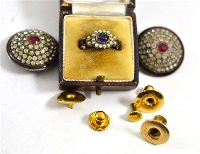 Lot 295 - Four studs stamped '18CT' and '9CT', pair of buckles and a pearl set ring (a.f.)