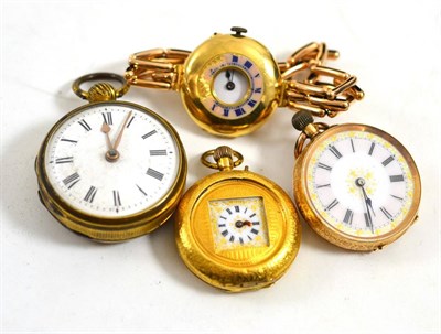 Lot 296 - Two fob watches, cases stamped '14K', verge pocket watch, wristwatch with case stamped '18'