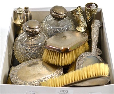 Lot 303 - Assorted silver mounted perfume bottles, silver mounted brushes, silver etc (a.f.)