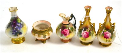 Lot 311 - Five miniature pieces of Royal Worcester comprising a pair of vases painted with roses, a...