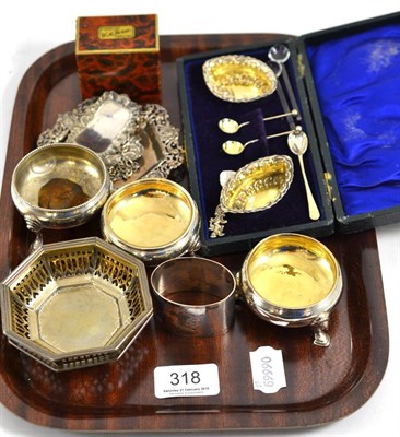 Lot 318 - Assorted small silver including salts, bon bon dishes, napkin ring, cased pair of salts, spirit...