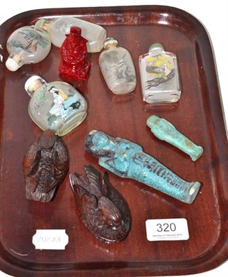 Lot 320 - Five scent bottles, two shabtis, modern carved duck boxes etc