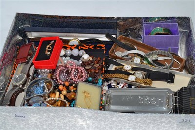 Lot 321 - Box of assorted costume jewellery and watches