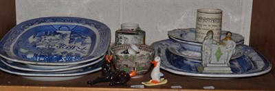 Lot 344 - Four blue and white meat plates (one with drainer), other blue and white plates, Goss crested china