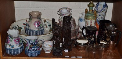 Lot 345 - Shelf including decorative wash bowl, tea service, pair of hardwood figures, silver lustre...