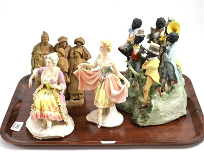 Lot 348 - Continental bisque china negro band group, two Italian pottery figure groups and two ENS china...