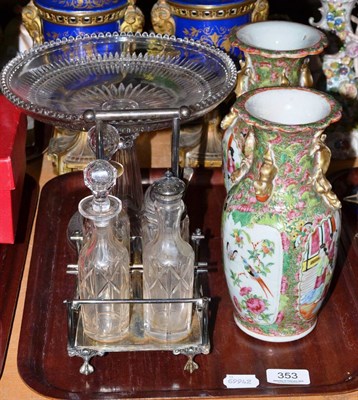 Lot 353 - Pair of Chinese famille rose vases, glass pedestal dish and plated cruet stand with glass bottles