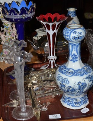 Lot 354 - Victorian blue glass table lustre and another in white overlay, both with glass drops, pair of...