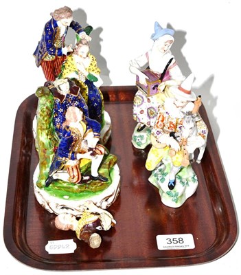 Lot 358 - Pair of 18th century Derby figures (a.f.) and a pair of decorative figures with musical...