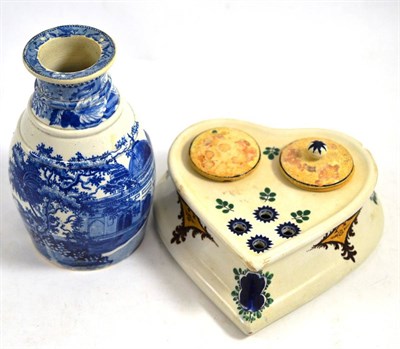 Lot 361 - Wemyss heart shaped inkstand and a pearlware bottle with transfer printed decoration (2)