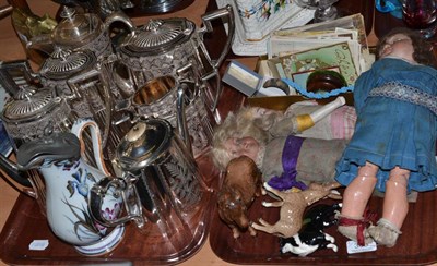 Lot 369 - Assorted plated wares, three bisque head dolls, Beswick animals, postcards,  etc (on two trays)