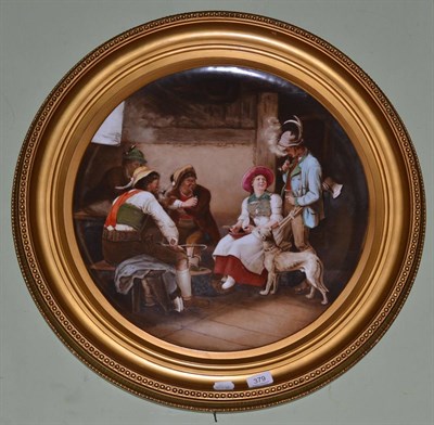 Lot 379 - Large Continental over painted porcelain plaque depicting figures and a woodcutter in an...