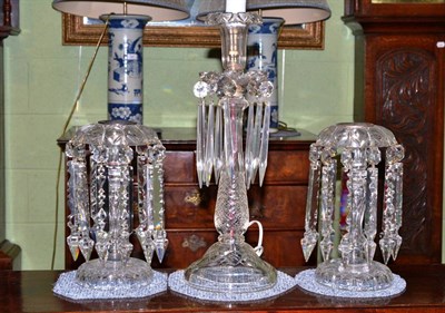 Lot 381 - Glass table lamp with drops and a pair of clear glass table lustres with drops and plated...