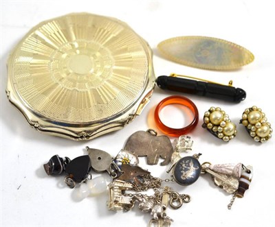 Lot 422 - Silver compact, charms, brooches etc