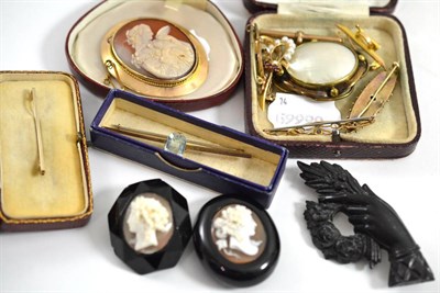 Lot 425 - A cameo brooch, jet cameos, assorted bar brooches, a 9ct gold cultured pearl and ruby brooch etc