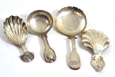 Lot 431 - Three silver caddy spoons and one Sheffield plate spoon