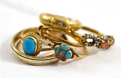 Lot 436 - A turquoise set ring, a knot ring, a two colour band ring and four stone set rings (mainly...