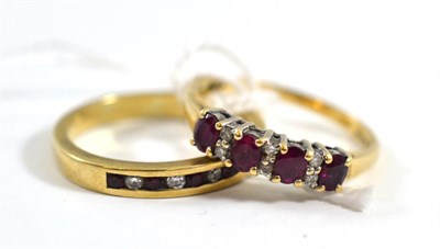 Lot 439 - A 9ct gold ruby and diamond ring and a ruby and diamond half hoop ring (2)