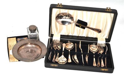 Lot 443 - A silver dish, a cigarette case, pencil, spoon, glass silver topped jar, small frame