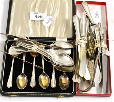 Lot 448 - A cased set of six silver teaspoons, tea knives, sugar tongs and flatware