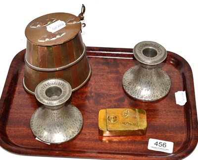 Lot 456 - A brass snuff box, a pair of Tudric candlesticks and a funnel shaped tin