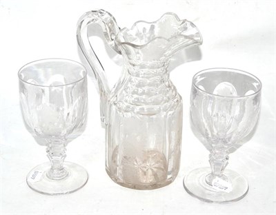 Lot 468 - Early 19th century etched glass claret jug (a.f.) and a pair of matching goblets