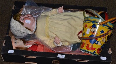 Lot 474 - Armand Marseille bisque head child doll, boudoir doll, string puppet and four Disney buckets