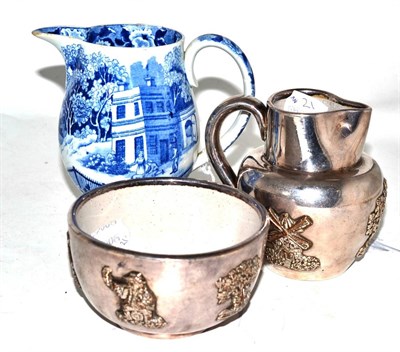 Lot 479 - Pearlware ewer, pack animal pattern, 14cm high and an unusual plated on copper pottery jug,...