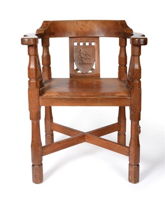 Lot 585 - A Robert  "Mouseman " Thompson Oak Monk's Chair, with curved back and shaped arms, over three...