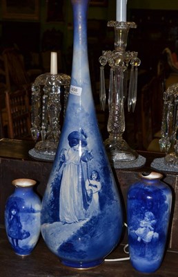 Lot 498 - Large blue and white decorated vase, unmarked, possibly Doulton; and two smaller similar vases...