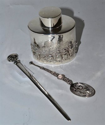 Lot 505 - Silver oval tea canister and cover, silver letter opener and seal and silver anointing spoon