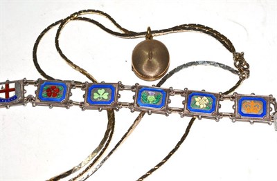 Lot 508 - A gold locket on gilt chain, another chain and a silver enamel bracelet