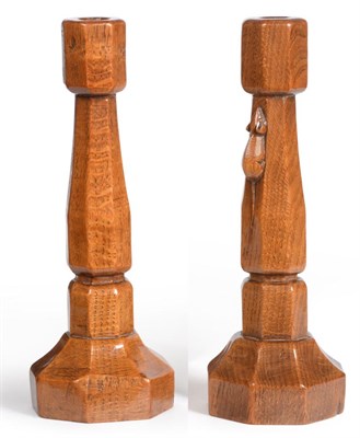 Lot 589 - A Pair of Robert  "Mouseman " Thompson Oak Candlesticks, by Richard (Dick) Pollard, of...