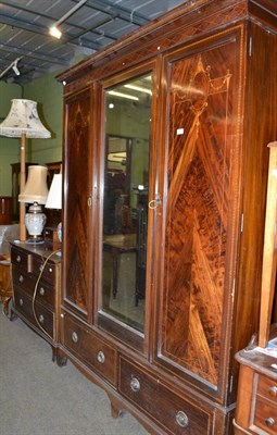 Lot 548 - Edwardian mahogany inlaid triple wardrobe, dressing table and bedside table